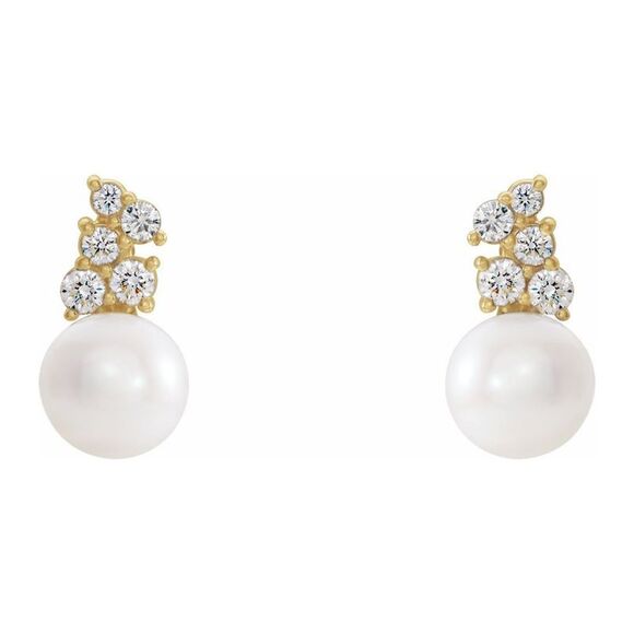 14K Yellow Gold FW Cultured Pearl 3/8CTW Diamond Post...
